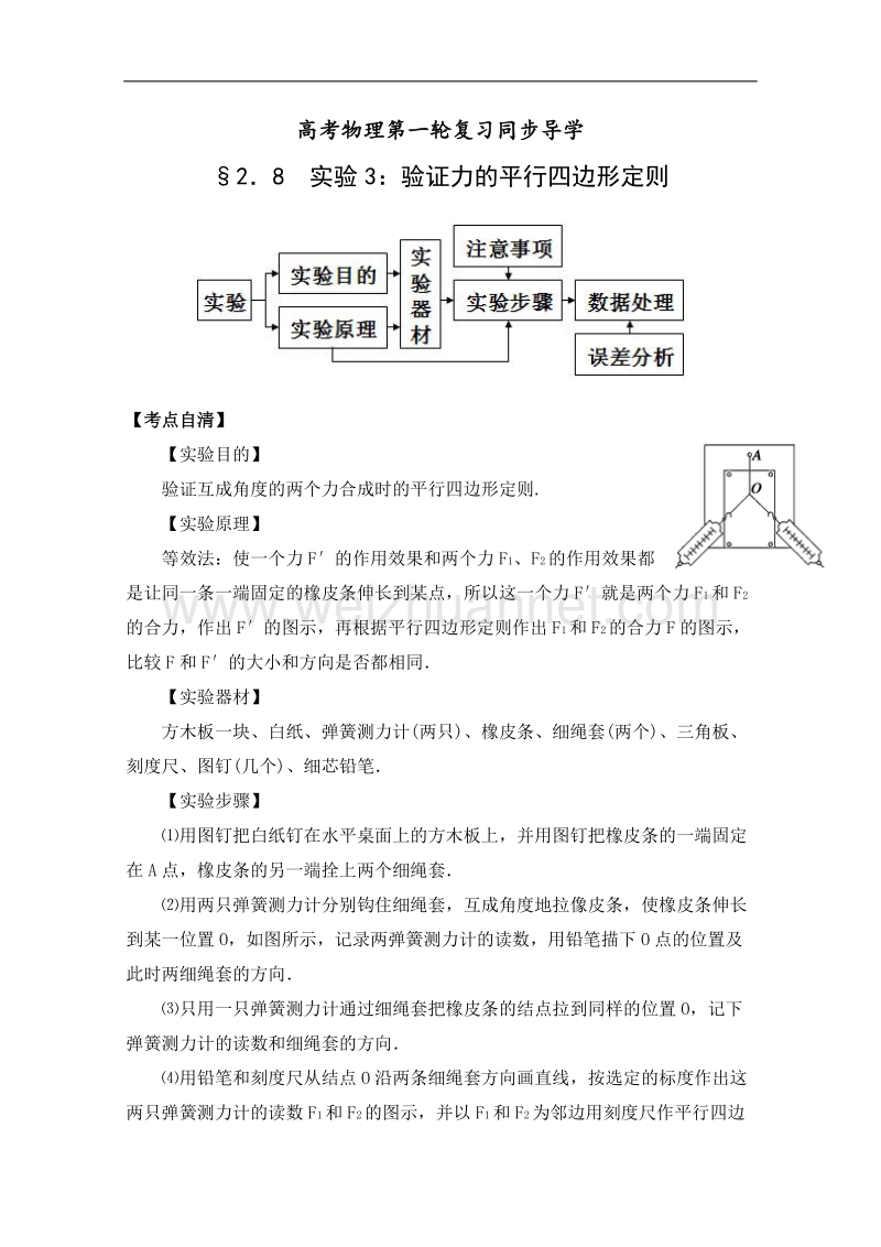 高考物理一轮复习导学：实验三 验证力的平行四边形定则.doc_第1页