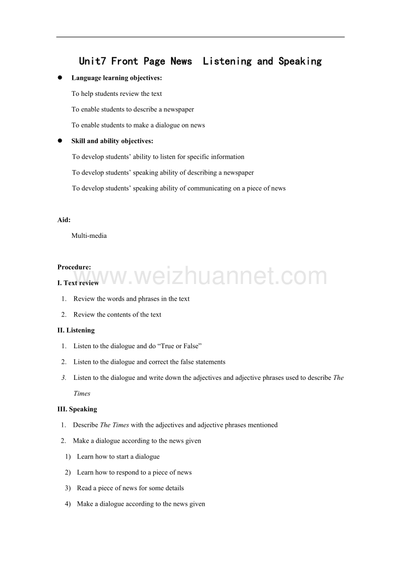 英语：unit7 newspapers-listening&speaking教案（牛津上海版s1b）.doc_第1页