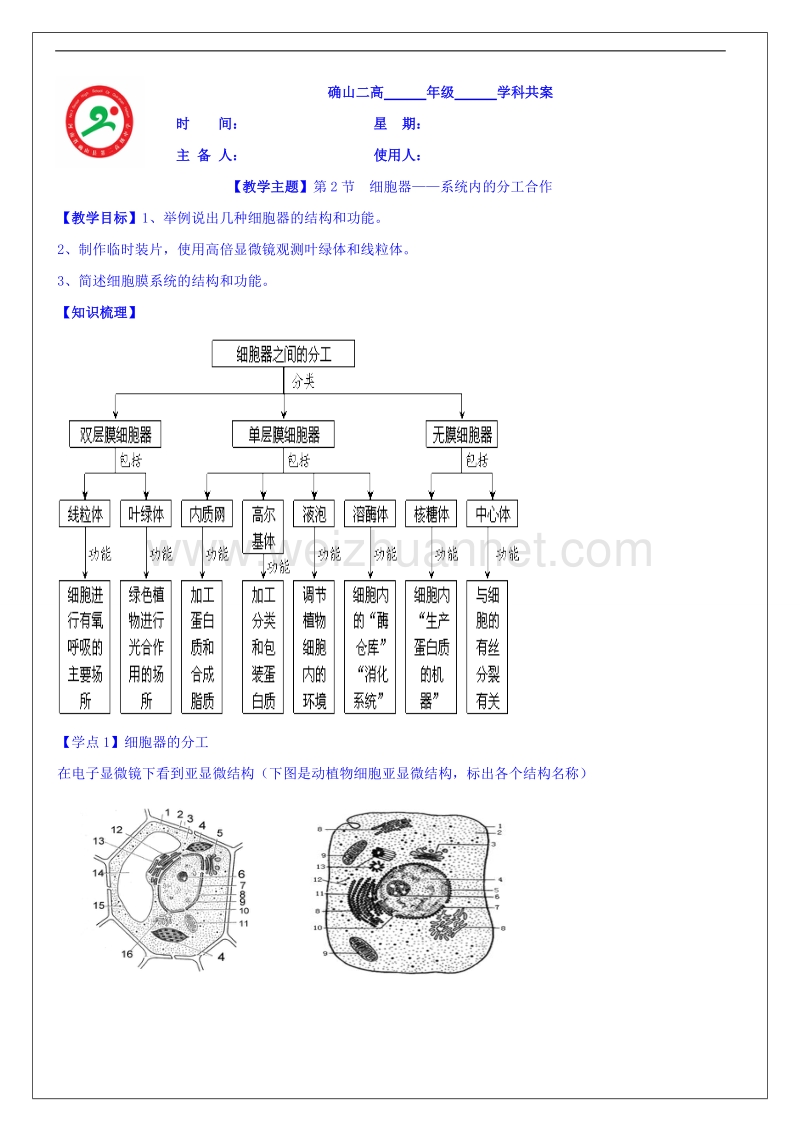 河南省确山县第二高级中学高中生物人教版必修1第3章第2节《细胞器——系统内的分工合作》教案.doc_第1页