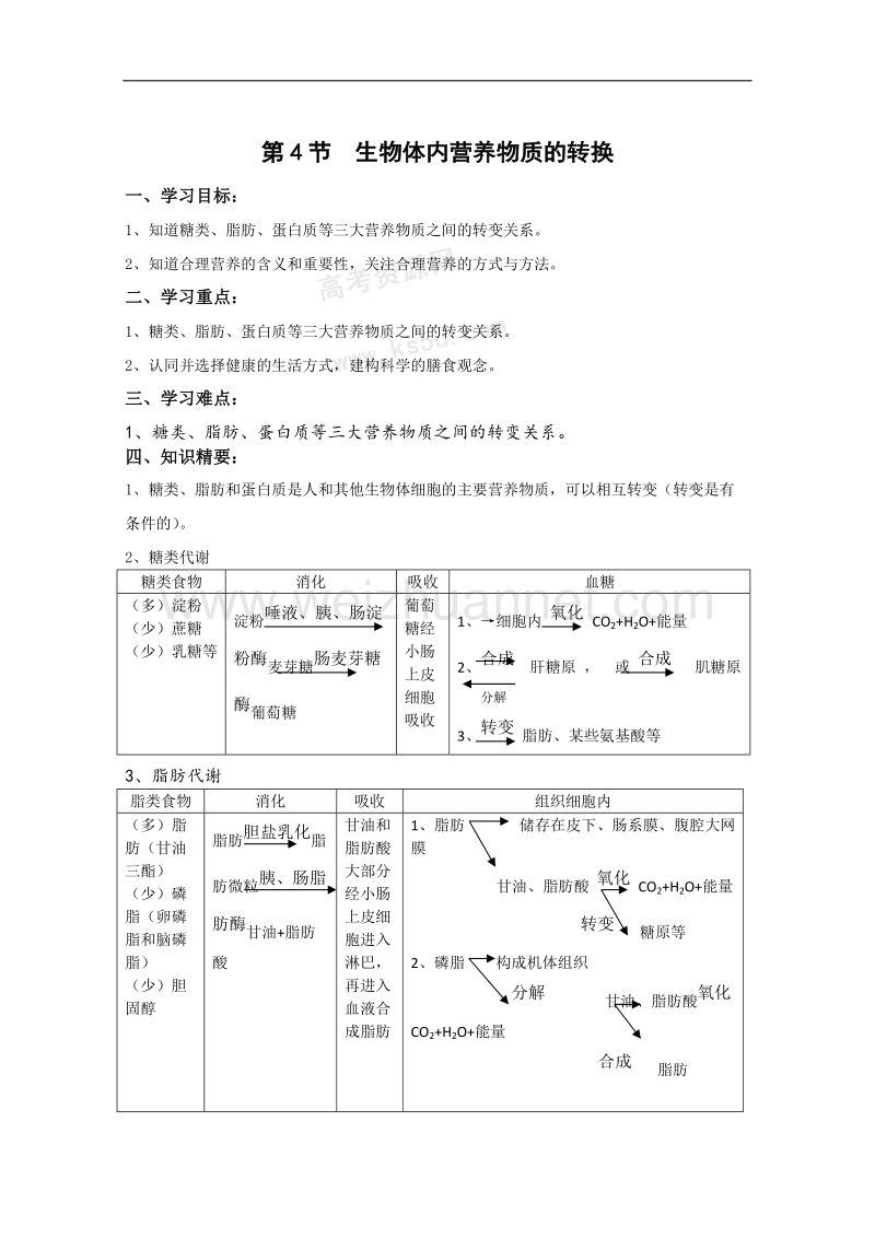 生物：4.4《生物体内营养物质的转换》学案（2）（沪科版第一册）.doc_第1页