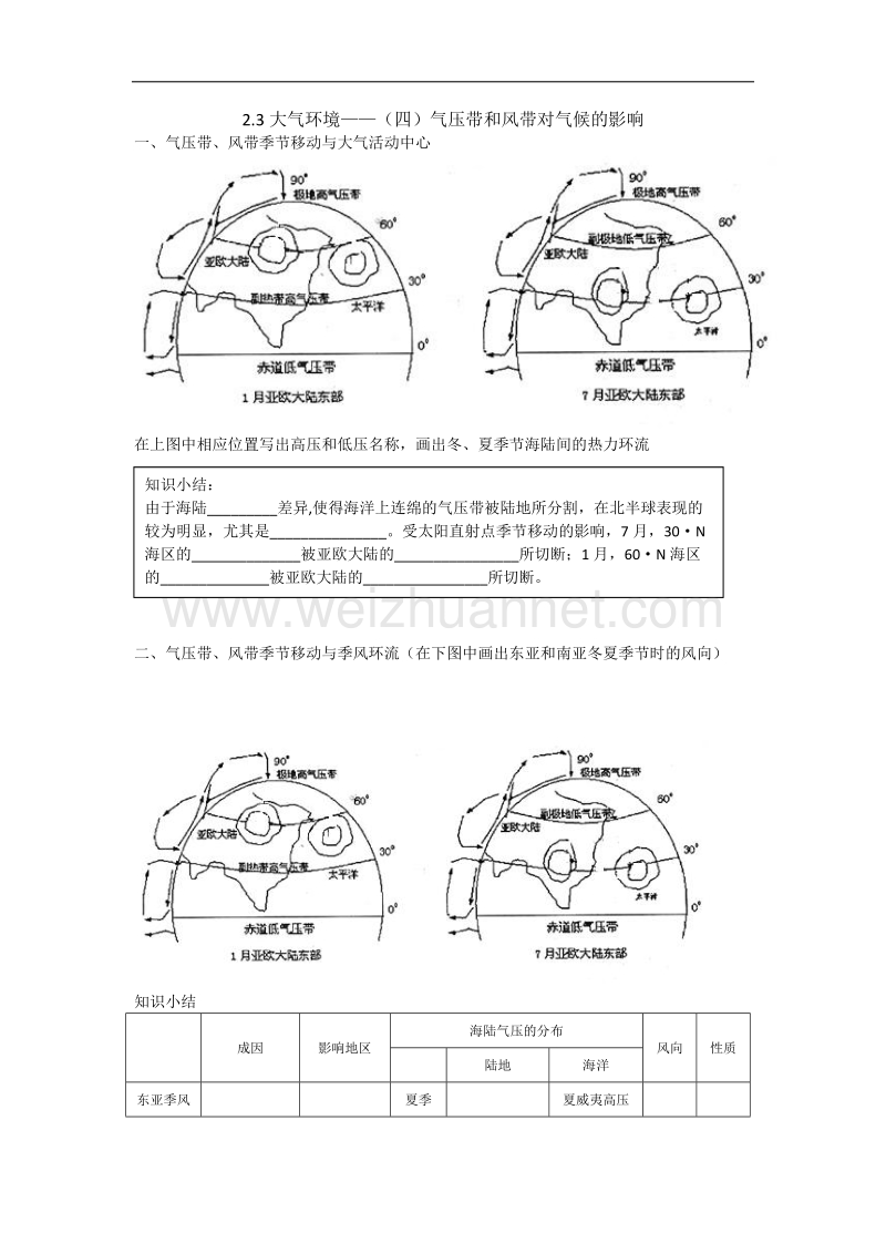 陕西省西安市田家炳中学高一湘教版地理必修一学案：2.3大气环境——（四）气压带和风带对气候的影响 .doc_第1页