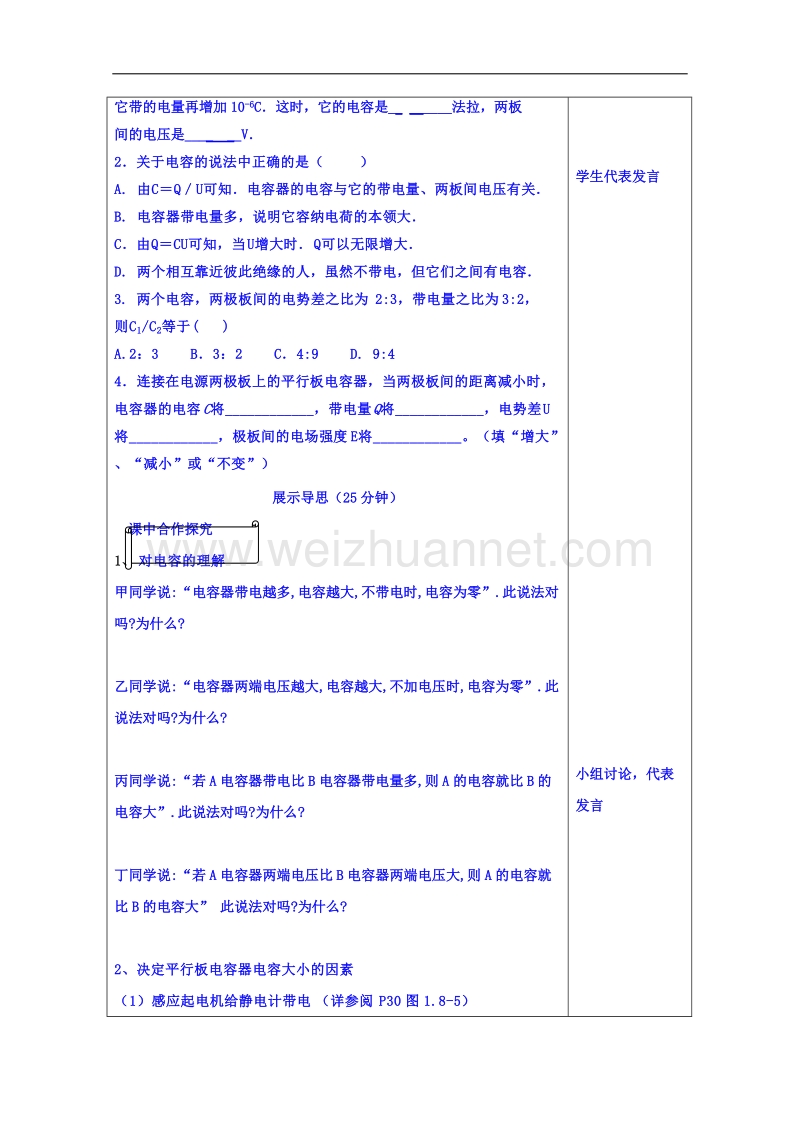 山东省高密市第三中学人教版高中物理教案 选修3-1：1.8电容器的电容.doc_第2页