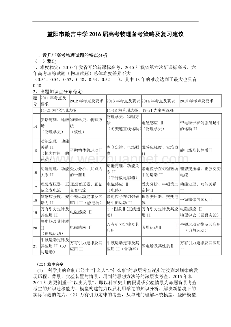 湖南省益阳市箴言中学2016届高考物理备考策略及复习建议（2016年4月）.doc_第1页