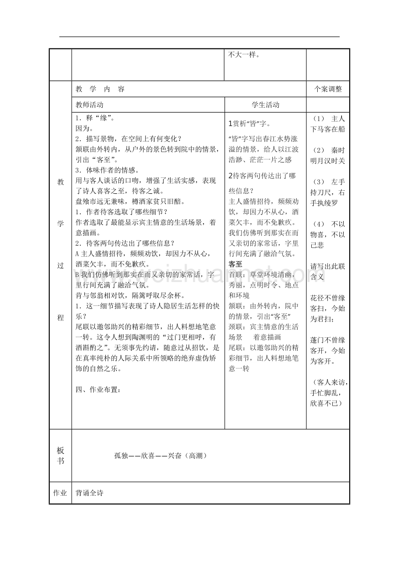 江苏省新沂市第二中学高中语文苏教版《唐诗宋词选读》教案：专题四 客至 word版含答案.doc_第2页