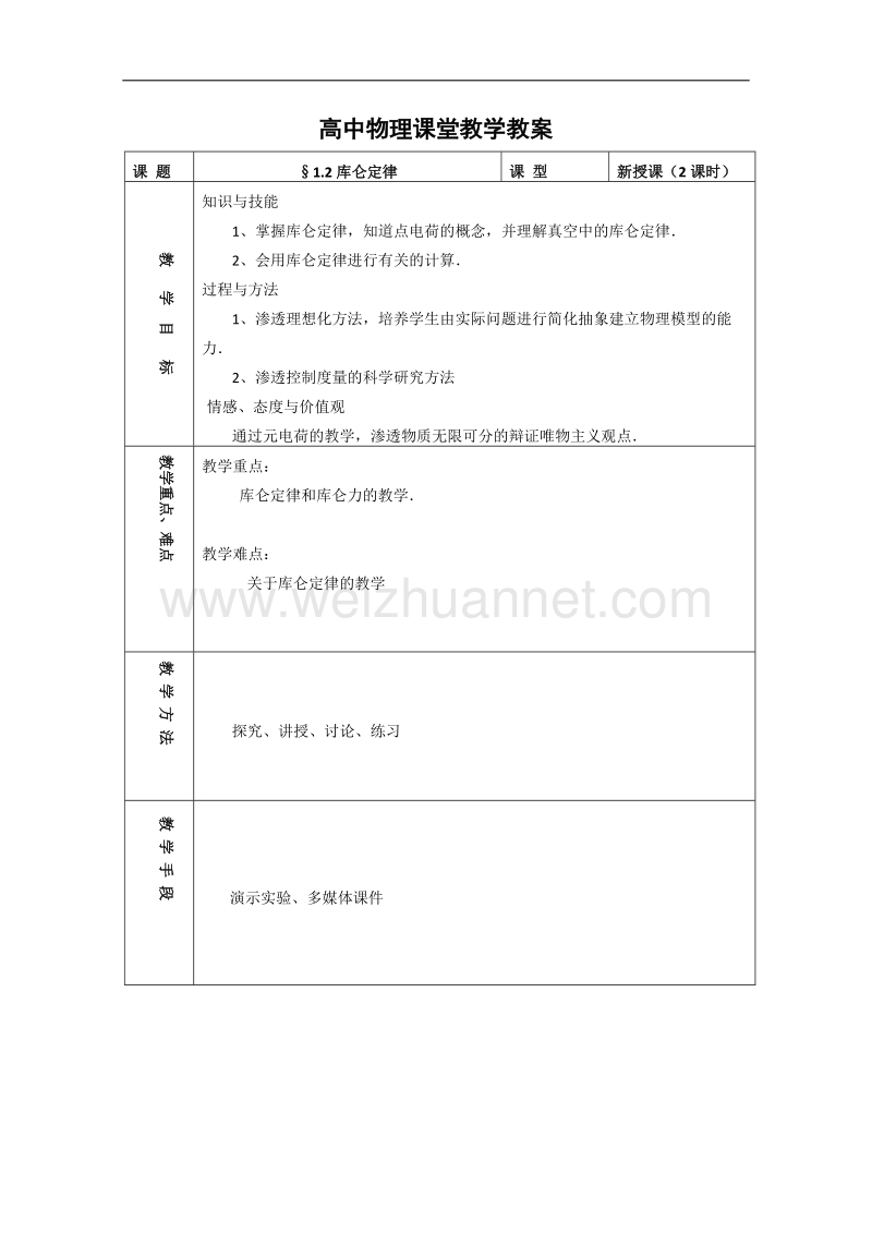 物理：1.2《库仑定律》教案（2）（教科版选修3-1）.doc_第1页