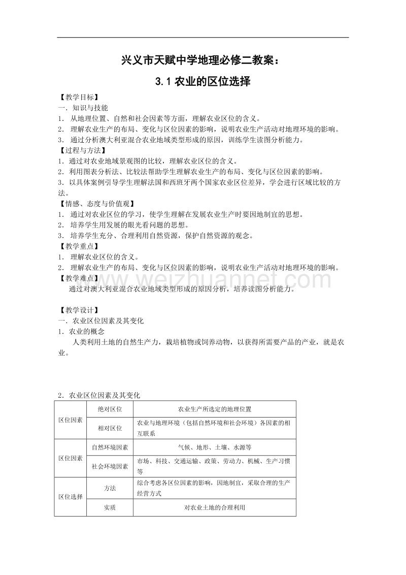 贵州省兴义市天赋中学地理必修二教案：3.1农业的区位选择.doc_第1页