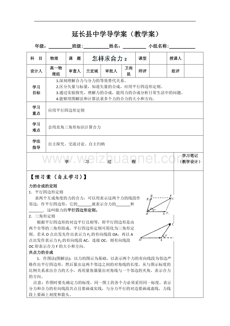 陕西省延长县中学高一物理沪科版必修1导学案：怎样求合力2 .doc_第1页