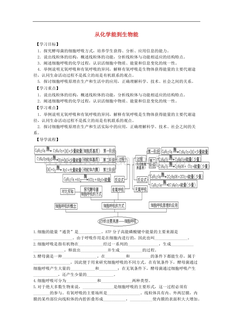 高中生物《从化学能到生物能》学案5 中图版必修1.doc_第1页