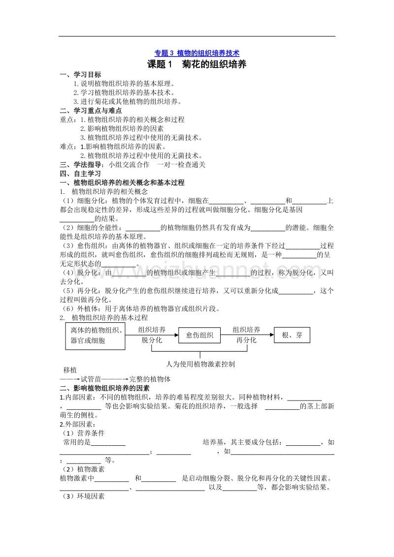 青海师大附属第二中学高二下学期人教版生物选修一导学案：3.1菊花的组织培养1 .doc_第1页