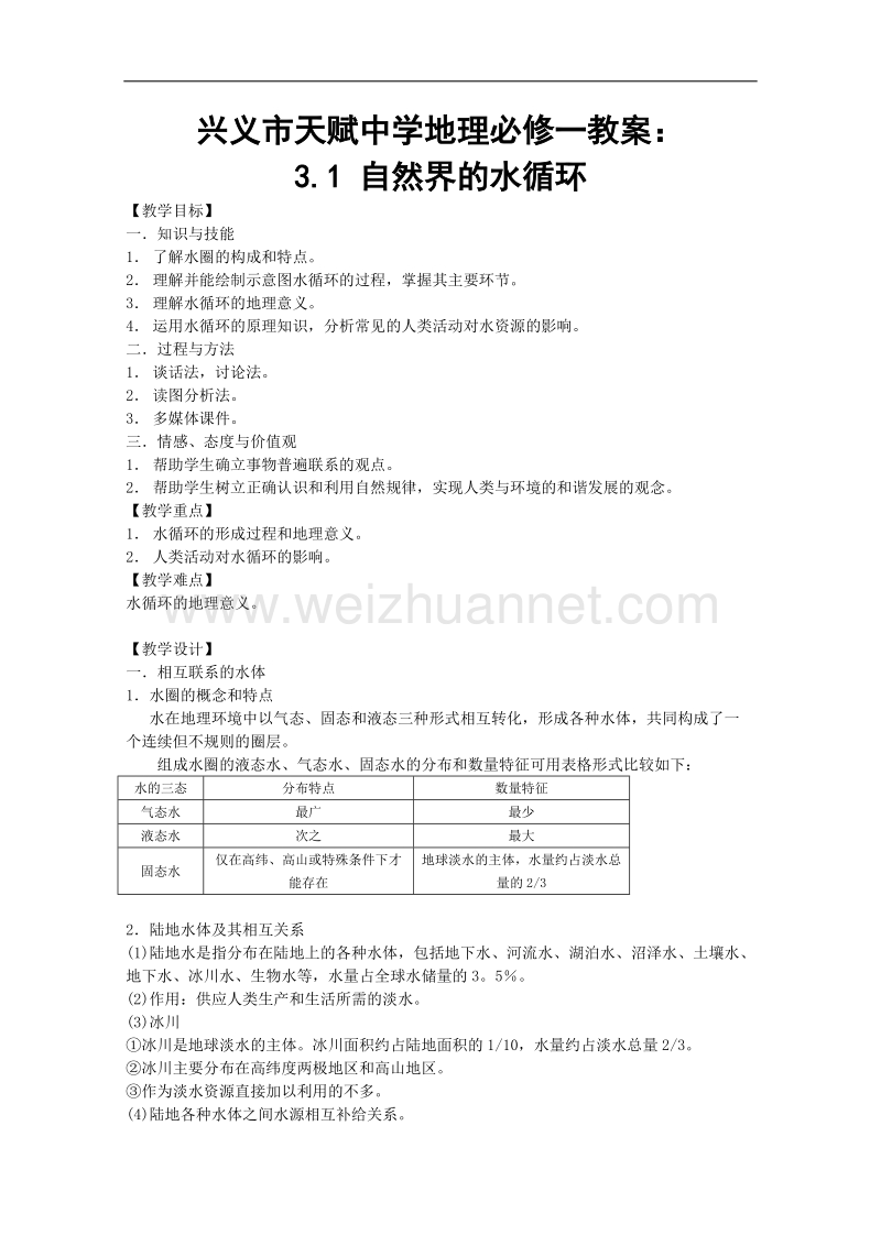 兴义市天赋中学地理必修一教案：3.1 自然界的水循环[www.ks5u.com 高考].doc_第1页