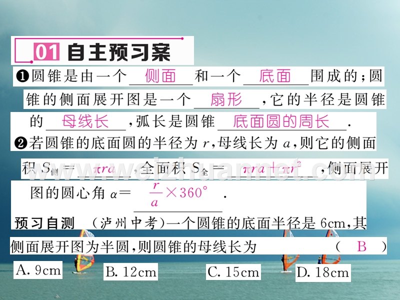 2018春九年级数学下册 第27章 圆 27.3 圆中的计算问题 第2课时 圆锥的侧面积和全面积作业课件 （新版）华东师大版.ppt_第2页