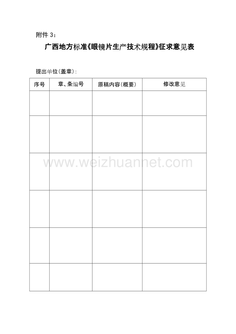 眼镜片生产技术规程征求意见表.doc_第1页