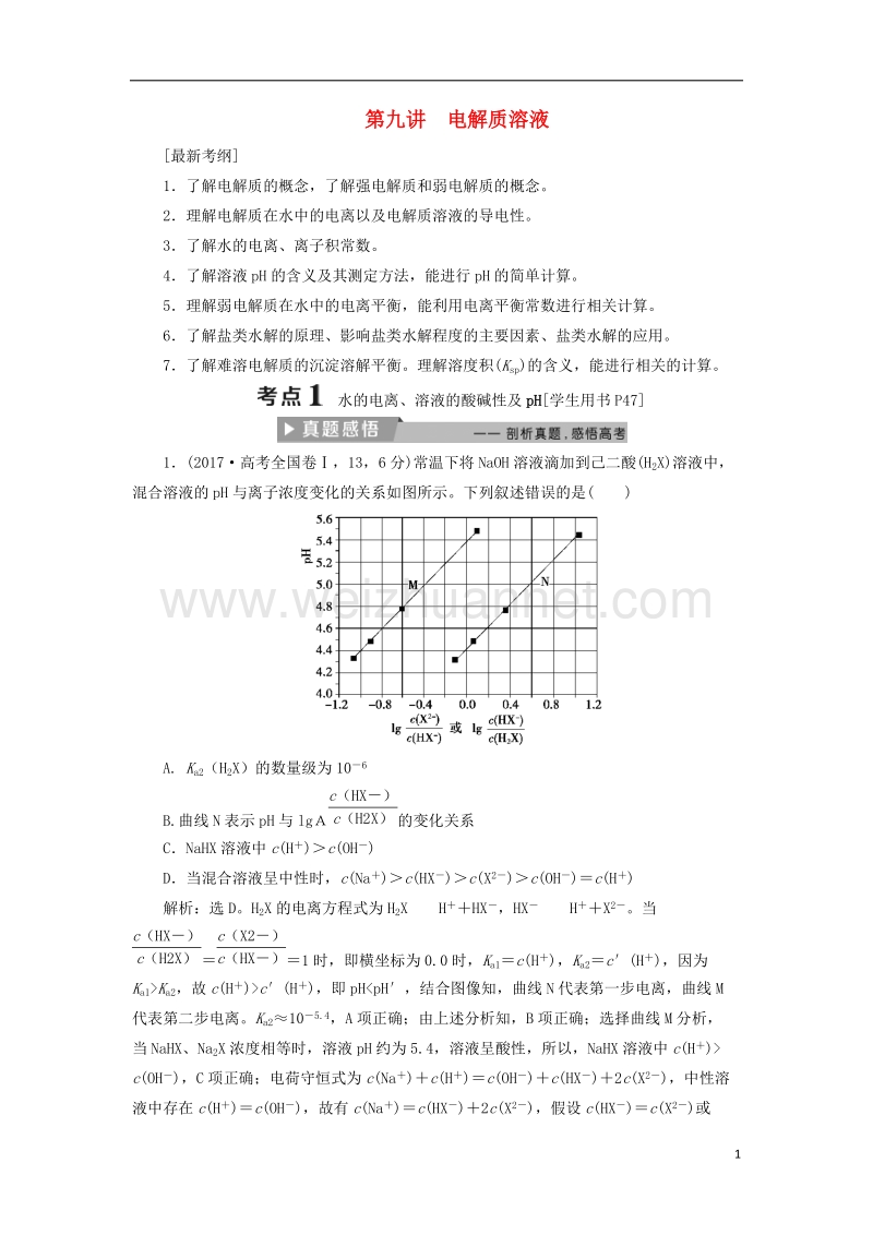 2018版高考化学二轮复习 第9讲 电解质溶液课堂练习.doc_第1页