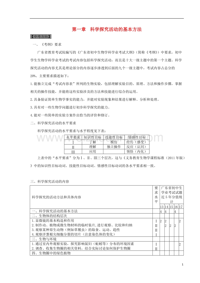 2018年中考生物 第一章 科学探究活动的基本方法方法指导.doc_第1页