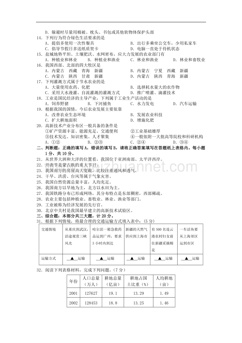 江苏省阜宁县2015-2016学年八年级上学期期末考试地理试题.doc.doc_第2页