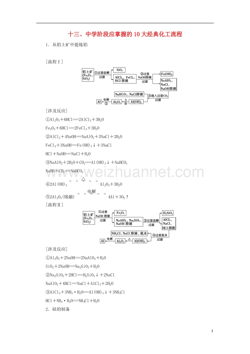 2018版高考化学二轮复习 专题复习回扣基础 排查考点十三、中学阶段应掌握的10大经典化工流程练习.doc_第1页