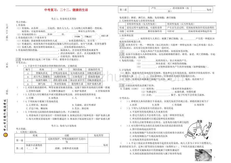 广东省中山市2018年中考生物 专题复习 健康的生活.doc_第1页