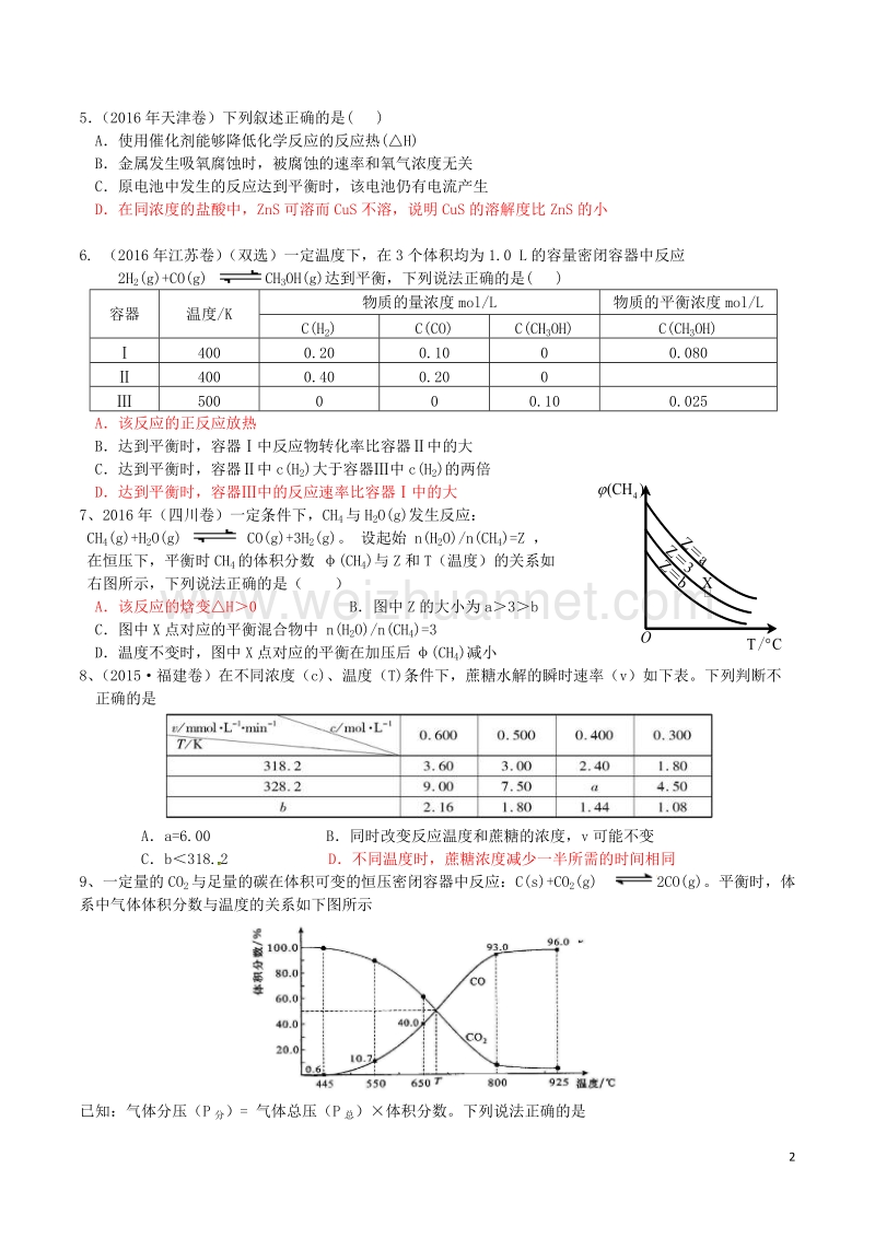 湖北省武汉市2018届高考化学二轮复习 专题测试 能量、速率与平衡部分.doc_第2页