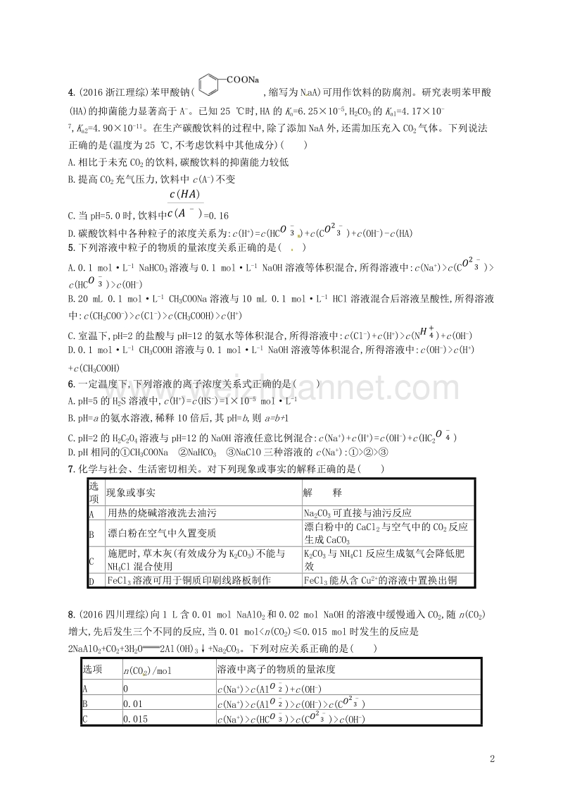 （新课标）2019版高考化学一轮复习 第八单元 水溶液中的离子平衡 考点规范练24 盐类的水解.doc_第2页