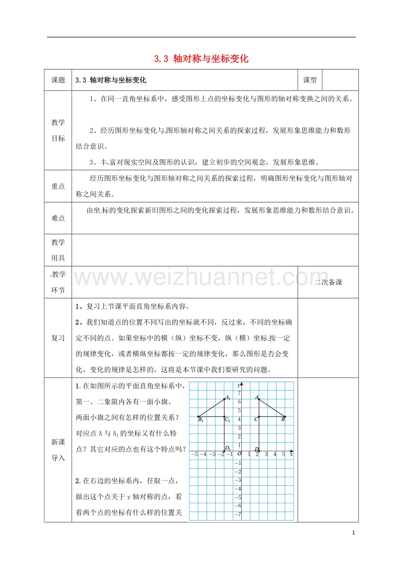 河北省邯郸市肥乡县八年级数学上册 第三章 位置与坐标 第三节 轴对称与坐标变化（1）教案 （新版）北师大版.doc_第1页