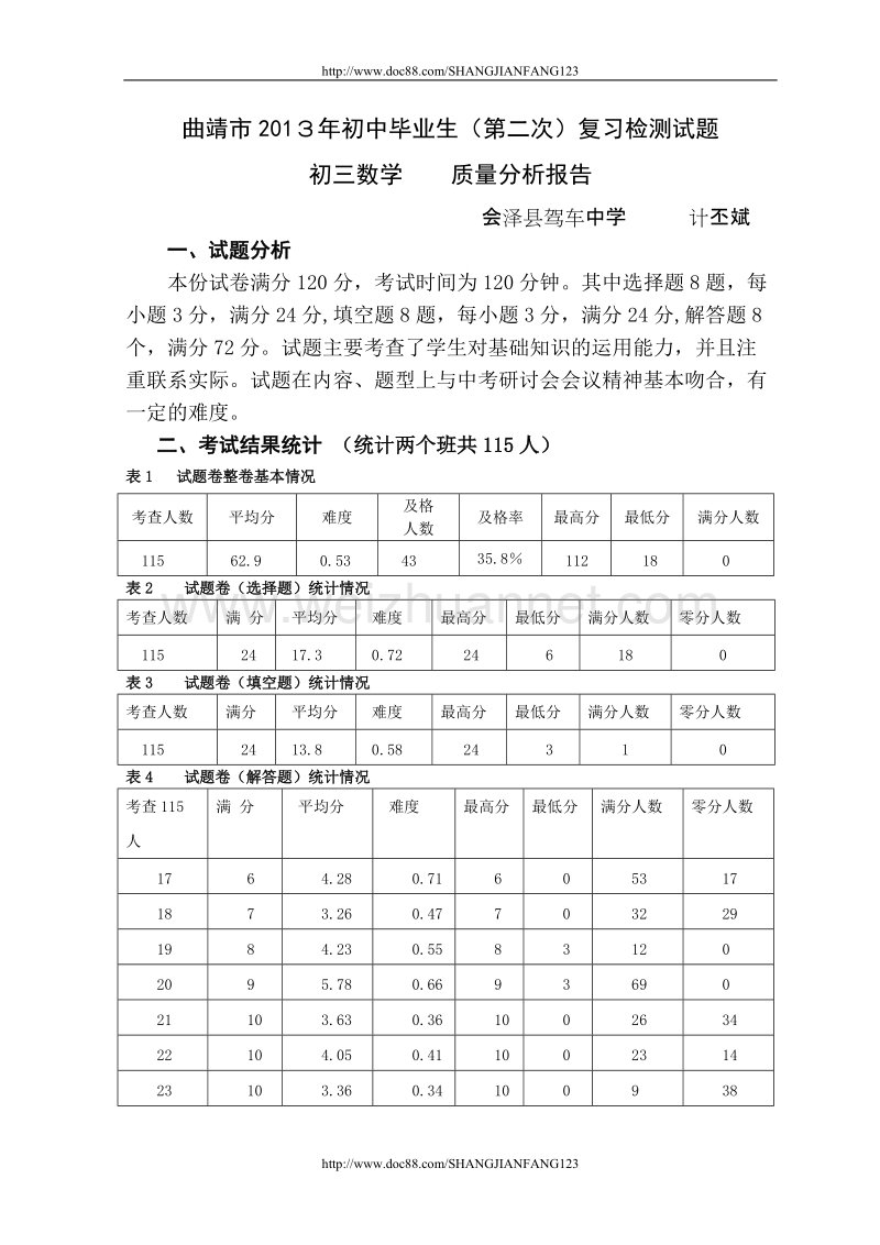 曲靖市中考数学检测质量分析报告.doc_第2页