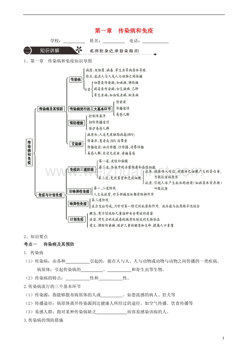 广东省中山市2018年中考生物 专题复习 第八单元 健康地生活 第一章 传染病和免疫.doc_第1页