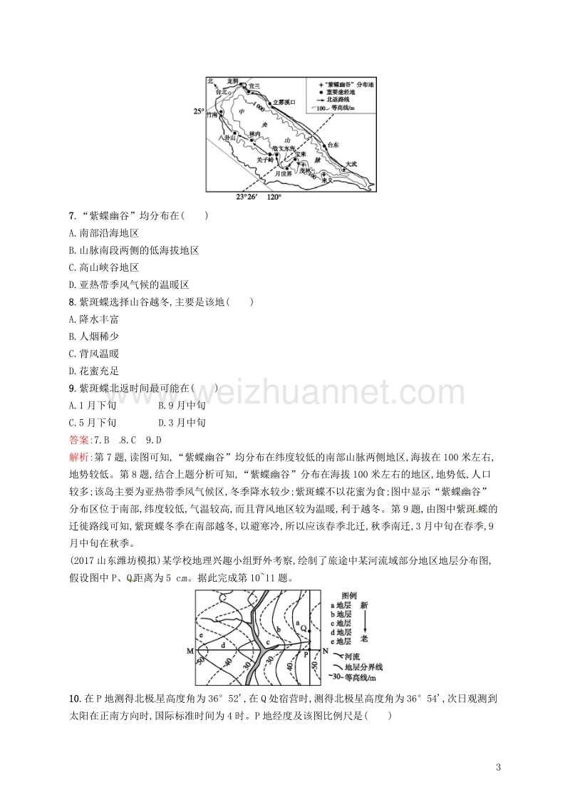 （福建专用）2019届高考地理一轮复习 第一章 地球和地图 课时规范练2 等高线地形图 新人教版.doc_第3页