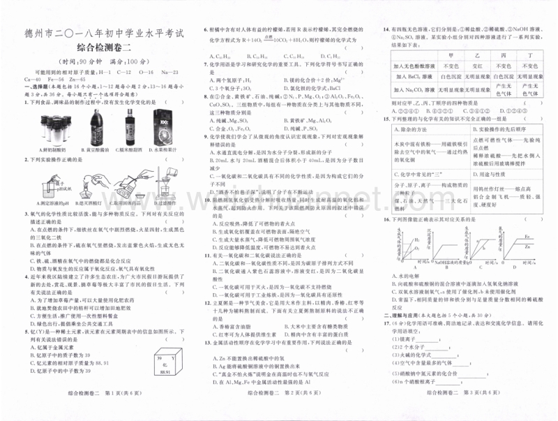 山东省德州市2018年中考化学学业水平考试模拟试题二（pdf，无答案）.pdf_第1页