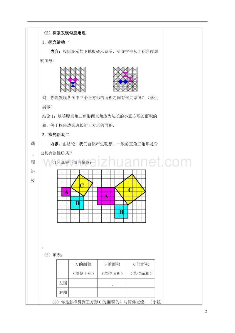 河北省邯郸市肥乡县八年级数学上册 第一章 勾股定理 第一节 探索勾股定理（第1课时）教案 （新版）北师大版.doc_第2页