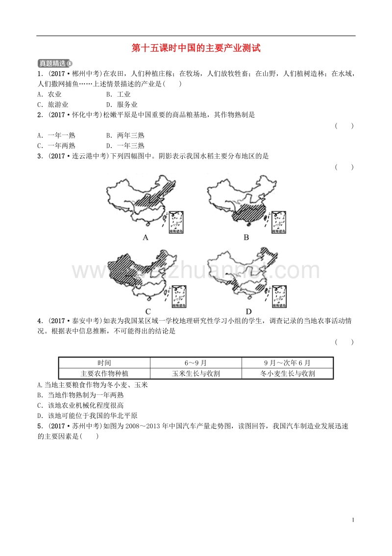 山东省潍坊市2018年中考地理一轮复习 八上 第四章 中国的主要产业 第十五课时中国的主要产业测试.doc_第1页