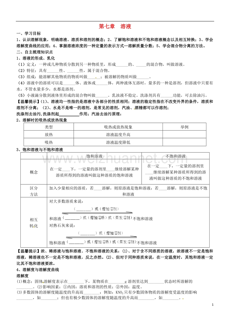 内蒙古鄂尔多斯市东胜区九年级化学下册 7 溶液复习学案（无答案）（新版）粤教版.doc_第1页