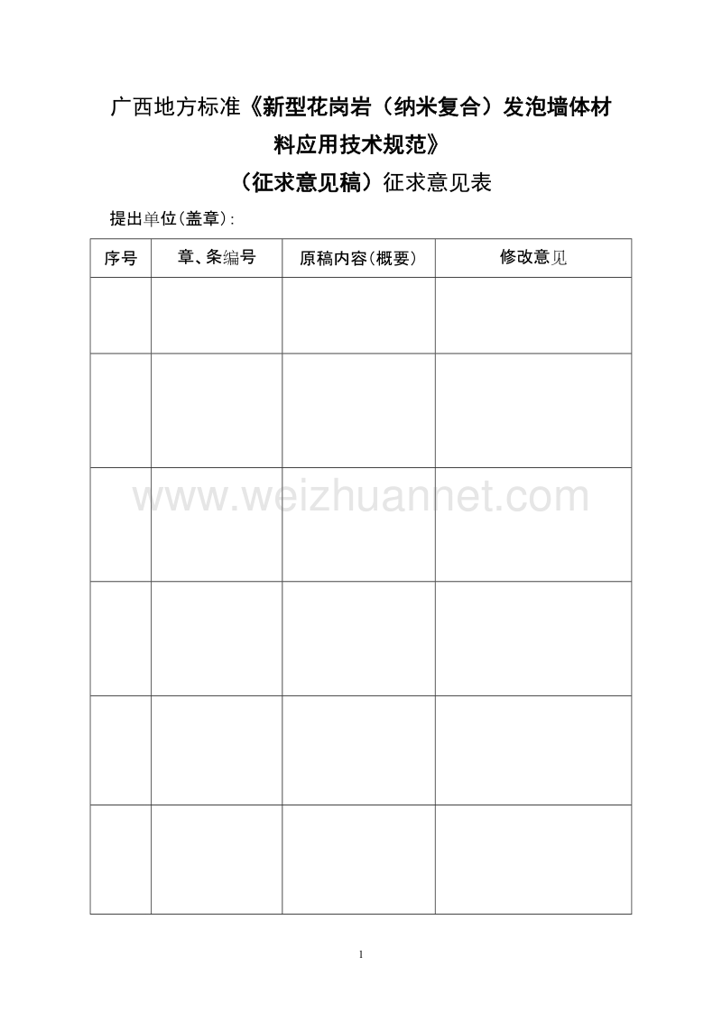 新型花岗岩纳米复合发泡墙体材料应用技术规范征求意见稿征求意见表.doc_第1页