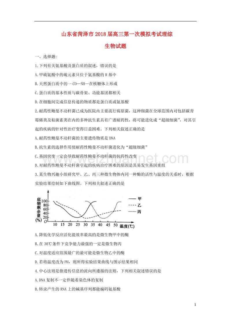 山东省菏泽市2018届高三生物下学期第一次模拟考试试题.doc_第1页