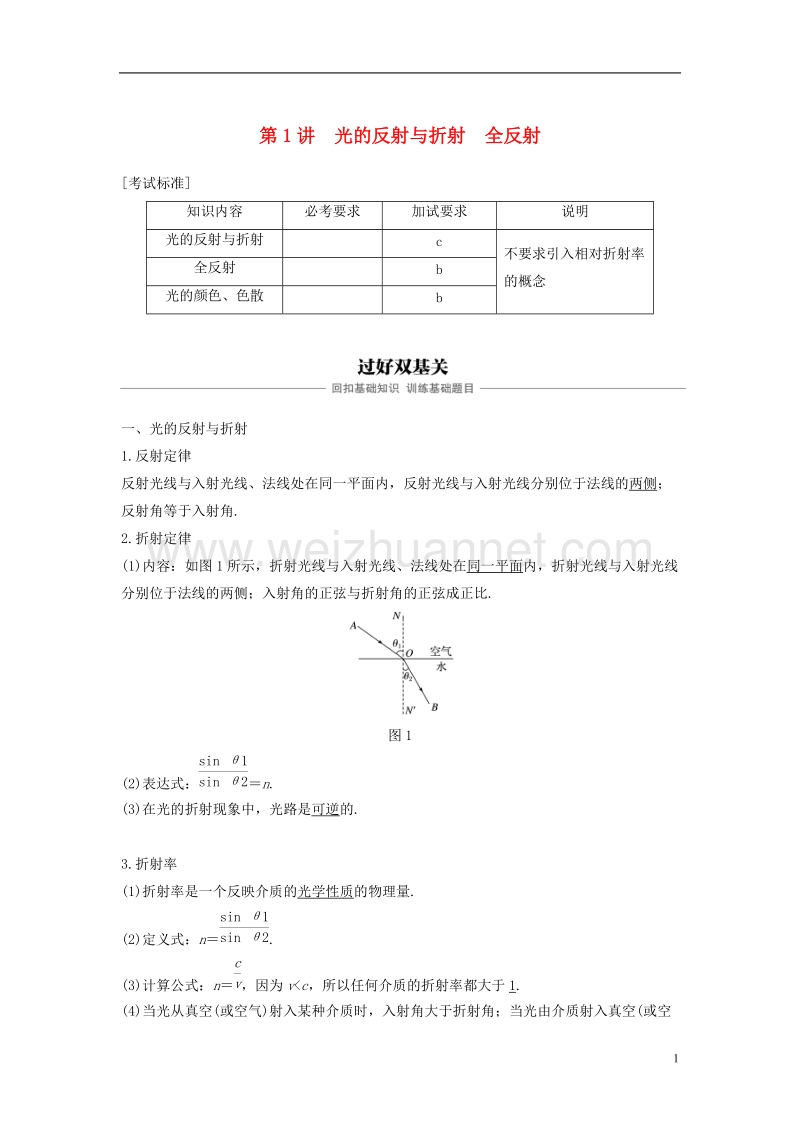 （浙江选考）2019版高考物理大一轮复习 第十一章 光 电磁波 第1讲 光的反射与折射 全反射学案.doc_第1页