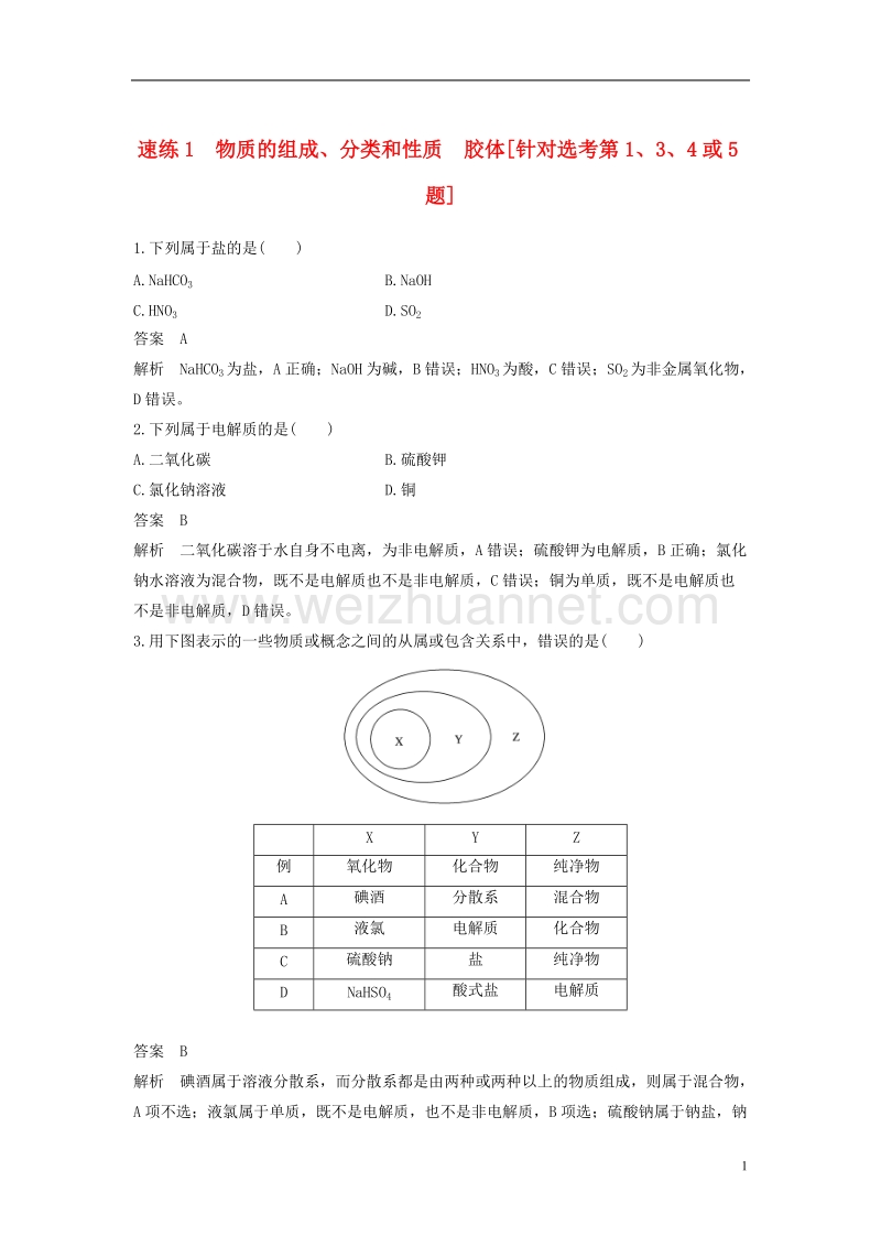 （浙江选考）2018版高考化学二轮复习 选择题（1～25题）满分练 速练1 物质的组成、分类和性质　胶体（针对选考第1、3、4或5题）.doc_第1页