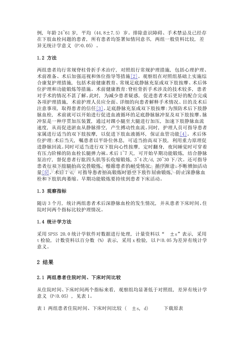 探讨综合康复护理对预防脊柱骨折术后下肢深静脉血栓形成的作用.doc_第2页