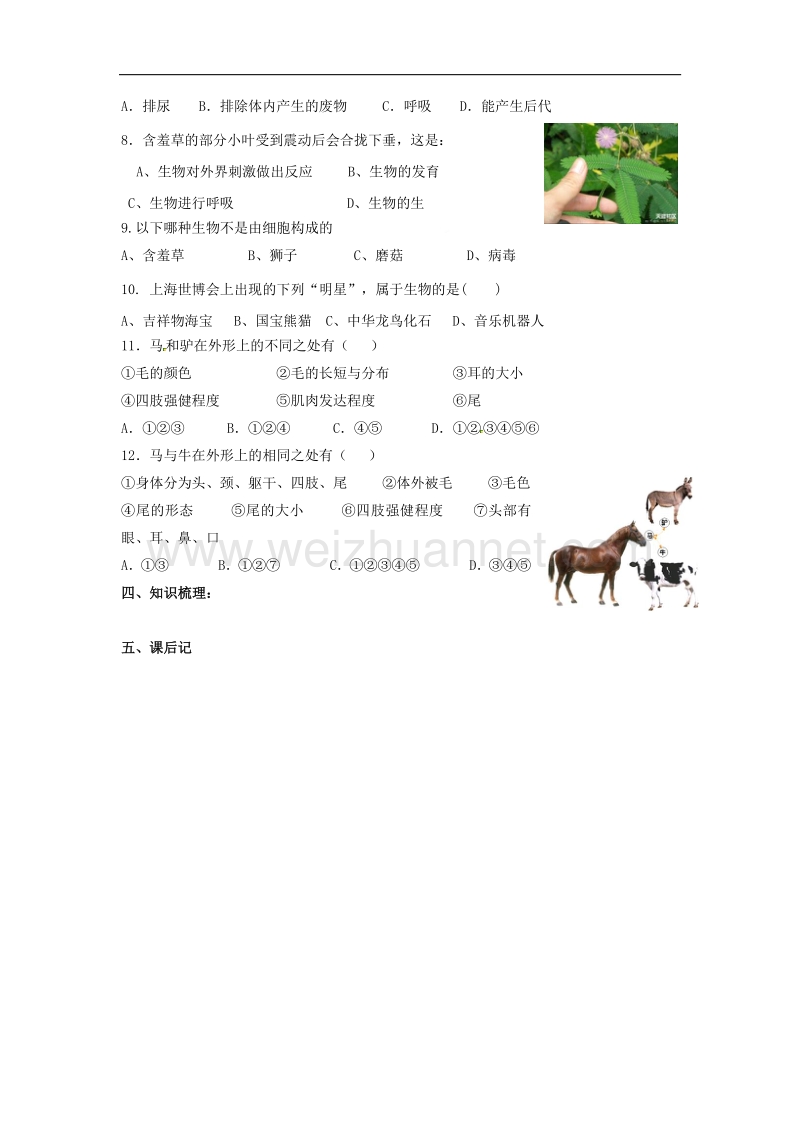 山东省泰安市岱岳区2015-2016学年七年级生物上册1.1.1 生物的特征学案 新人教版.doc_第3页