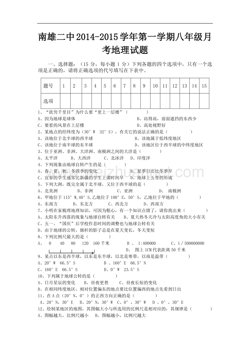 南雄二中2014-2015学年第一学期八年级月考地理试卷（无答案）.doc_第1页