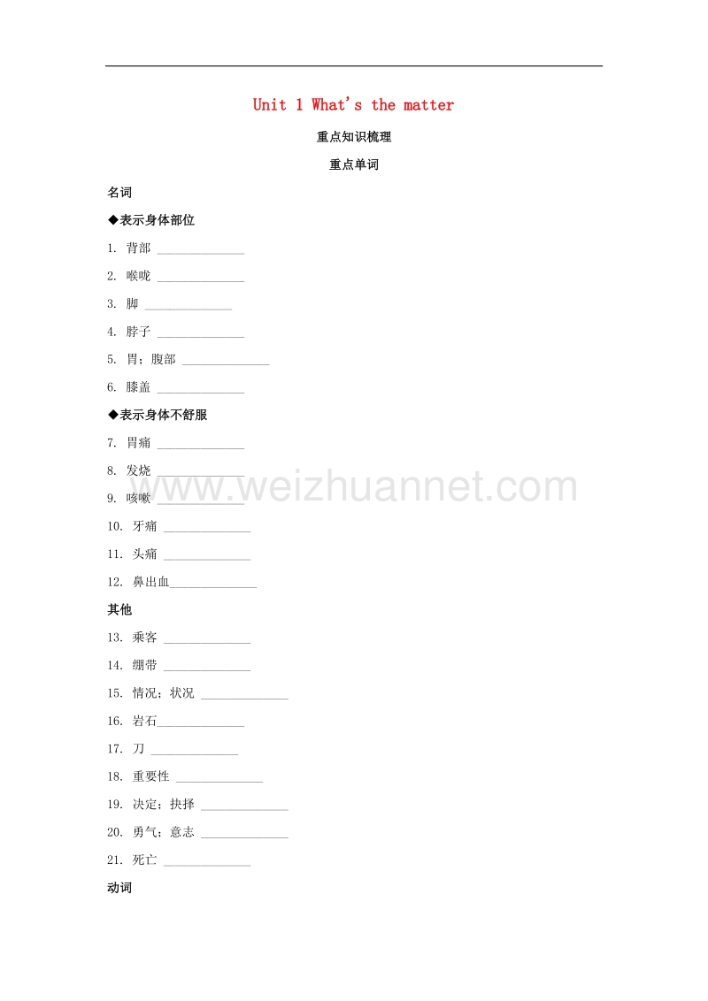 2017_2018学年八年级英语下册unit1what'sthematter重点知识梳理素材（新版）人教新目标版.doc_第1页