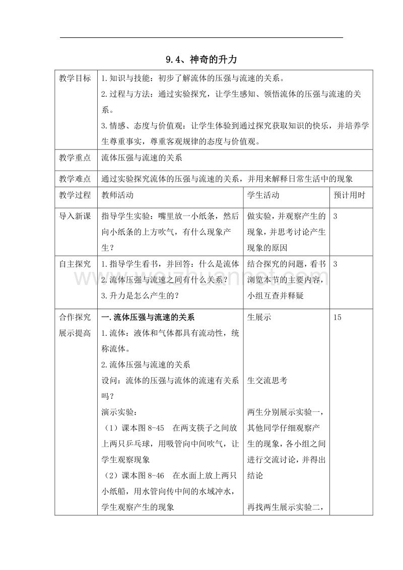 【畅优新课堂】2017年春八年级下沪粤版物理教学案：9.4《神奇的升力》.doc_第1页