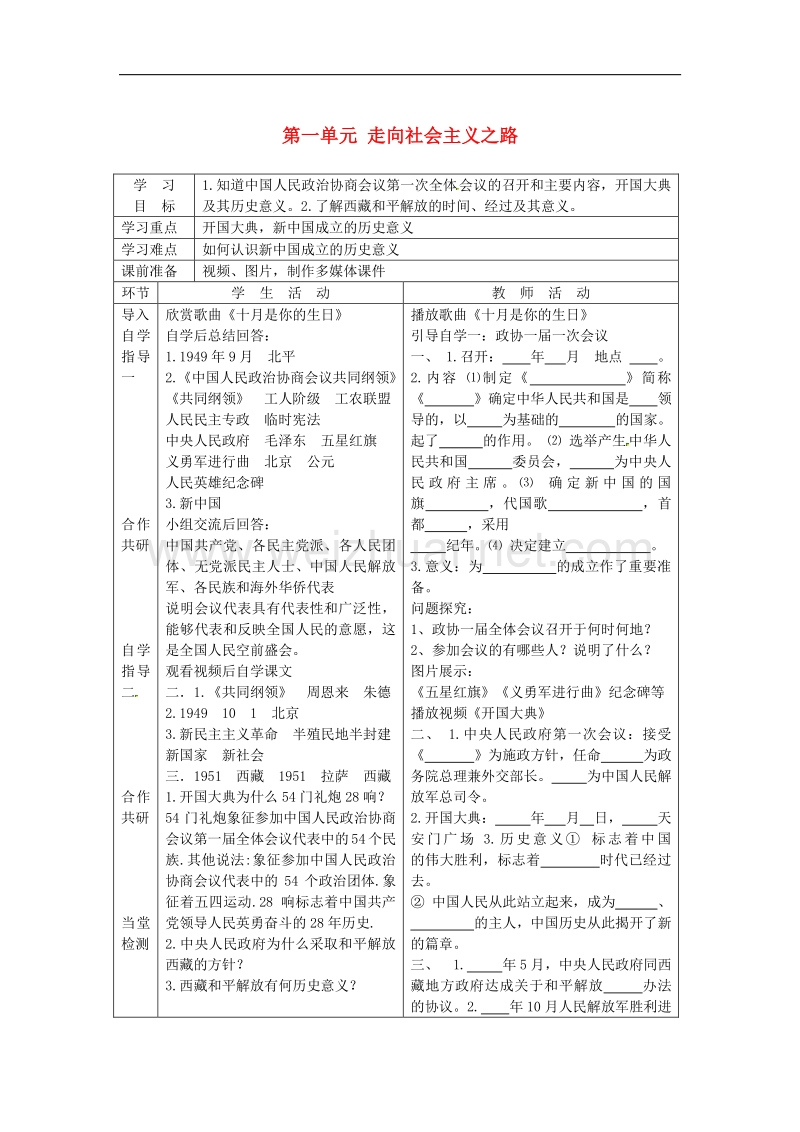 山东省曲阜市鲁城街道办事处孔子中学八年级历史下册第一单元 走向社 会 主 义之路导学案 北师大版.doc_第1页