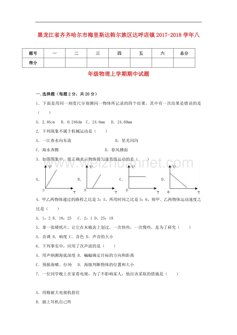 黑龙江省齐齐哈尔市梅里斯达斡尔族区达呼店镇2017_2018学年八年级物理上学期期中试题（无答案）新人教版.doc_第1页