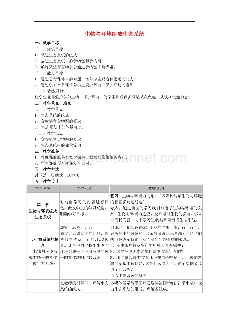 安徽省长丰县下塘实验中学七年级生物上册《1.2.2 生物与环境组成生态系统》教案 新人教版.doc_第1页