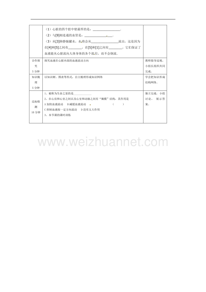 河北省迁安市杨店子镇联合中学生物（新河北少儿版）导学案：第二章第二节 物质的运输的器官-心脏.doc_第2页