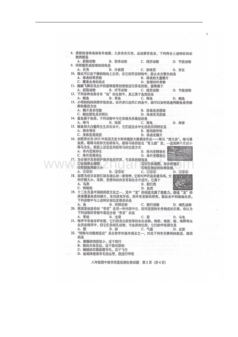 广东省阳江市阳东区那龙镇2017_2018学年八年级生物上学期期中试题（扫 描 版）新人教版.doc_第2页