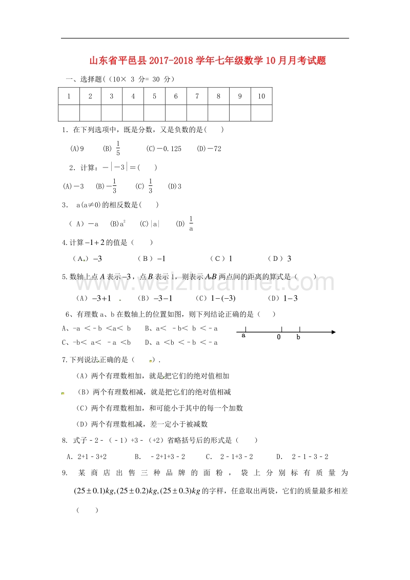 山东省平邑县2017_2018学年七年级数学10月月考试题（无答案）新人教版.doc_第1页