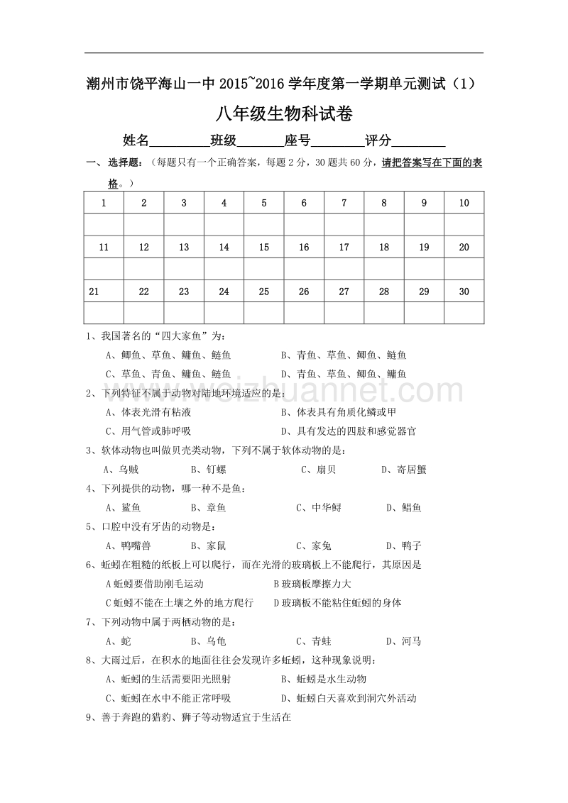 广东省潮州市饶平海山一中2015-2016学年度第一学期单元测试（一）八年级生物科试卷（无答案）.doc_第1页