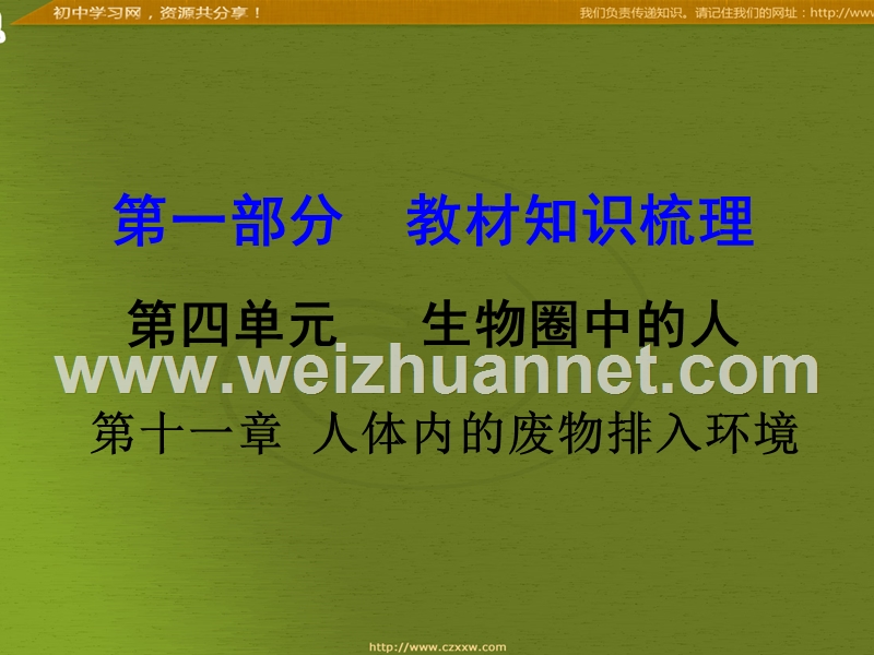 2016届中考面对面生物复习课件：第十一章《人体内的废物排入环境》（苏教版）.ppt_第1页