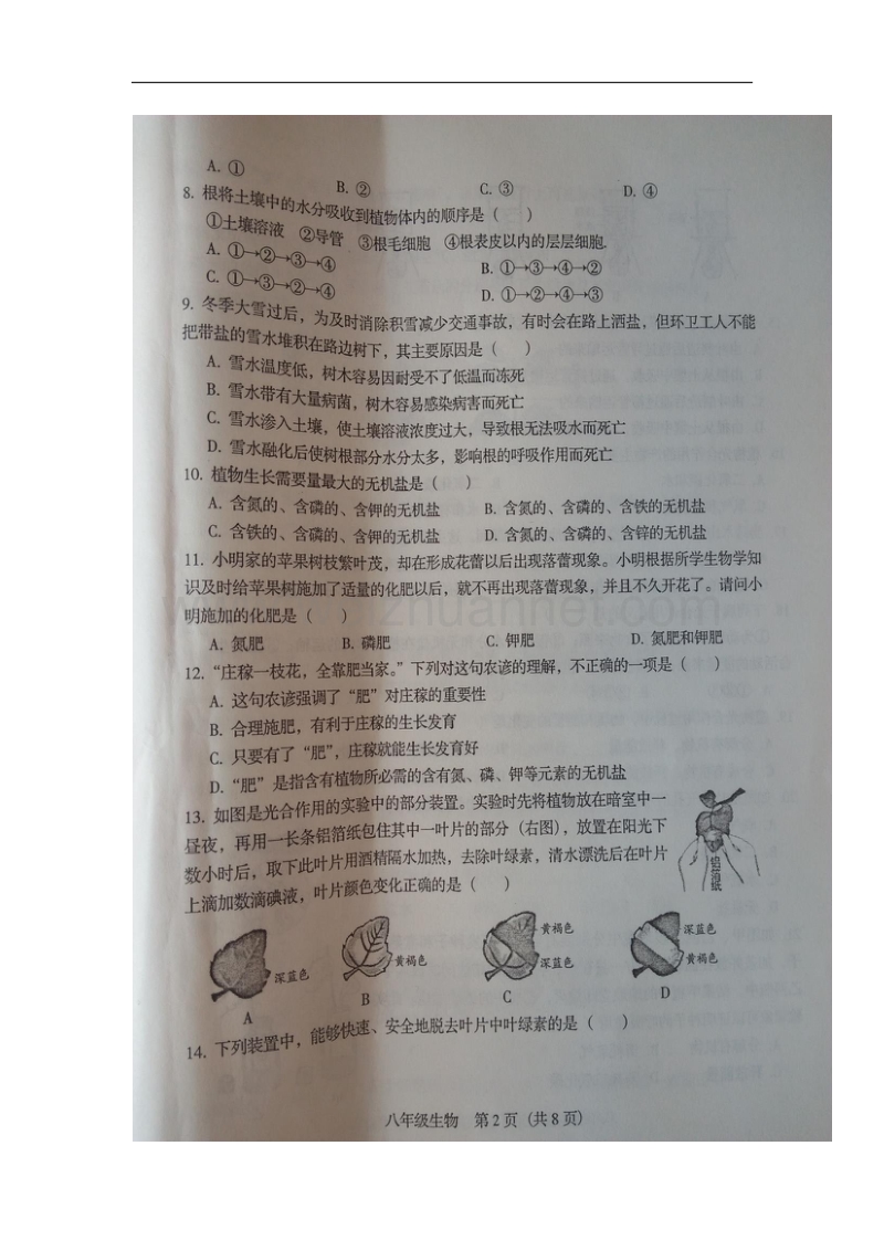 河北省高碑店市2017_2018学年八年级生物上学期期中调研考试试题（扫 描 版，无答案）新人教版.doc_第2页