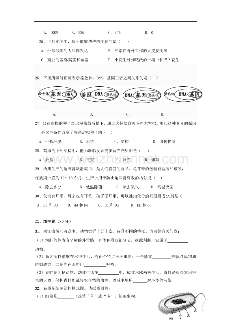 广西梧州市蒙山县2017_2018学年八年级生物上学期第二次月考试题（无答案）新人教版.doc_第3页